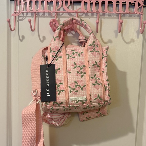 Madden Girl Pink Floral Mini Tote with Bear Charm - Picture 2 of 5